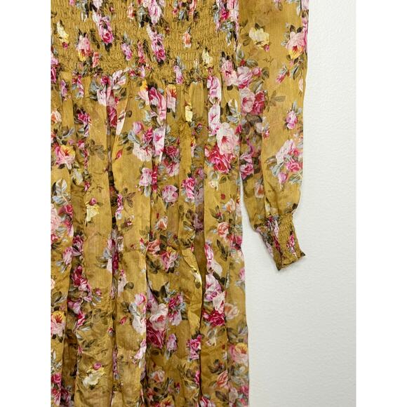 OPT Anthropologie Wick Dress Yellow Smocked Chiffon Floral Sheen Romantic, M - Picture 10 of 12